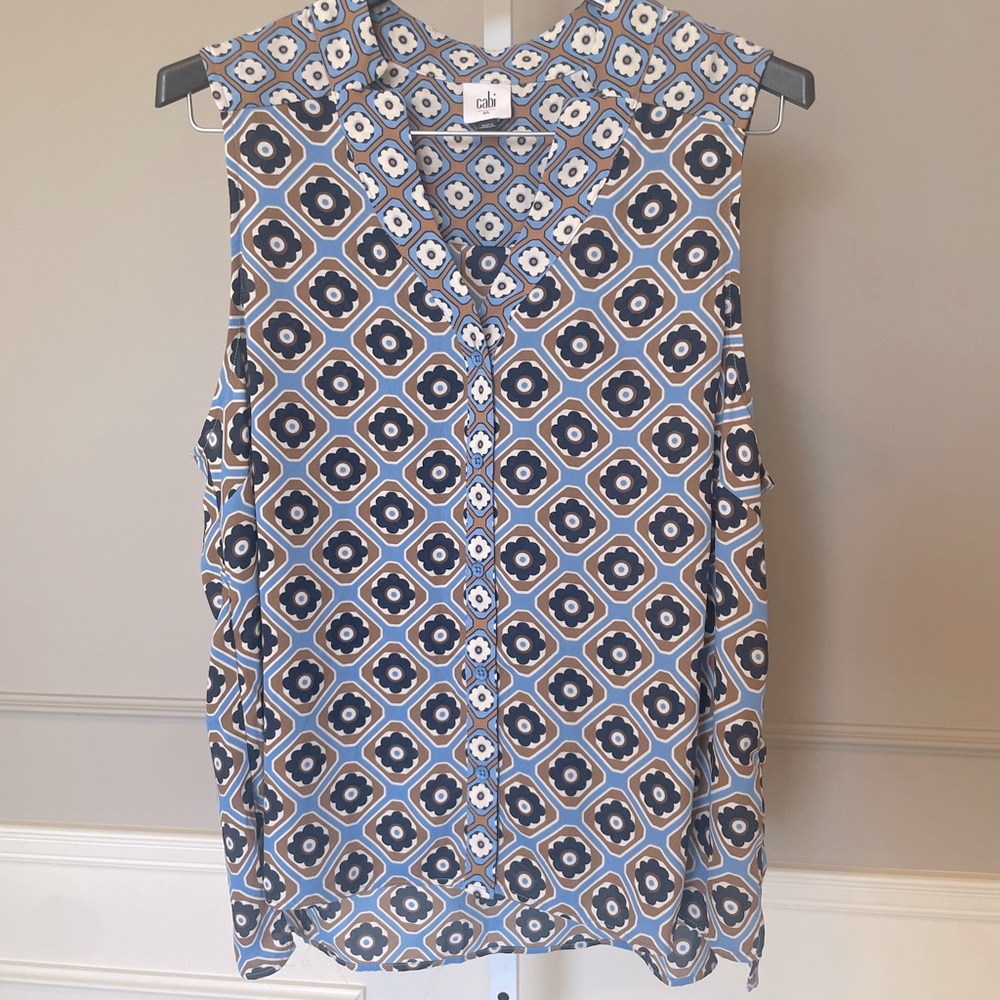CAbi Sleeveless Button-Down Geometric Print Top in Blue, Black, Tan